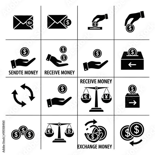 Collection of black and white icons representing various financial transactions and money exchange concepts.