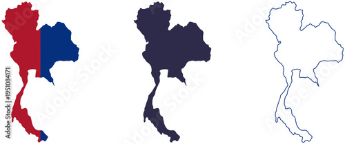 Thailand Map Set with Flag Colors, Silhouette and Outline, Southeast Asia Country Vector Illustration