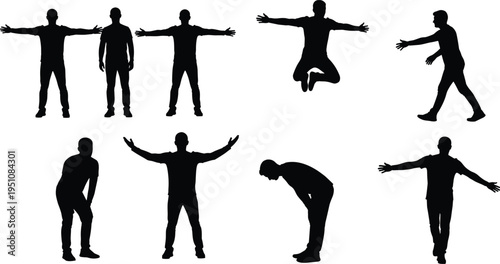 Black silhouettes of nine human figures in dynamic standing, walking, jumping, and bending poses, arranged in grid formation, ideal for animation, gesture recognition, and design projects.