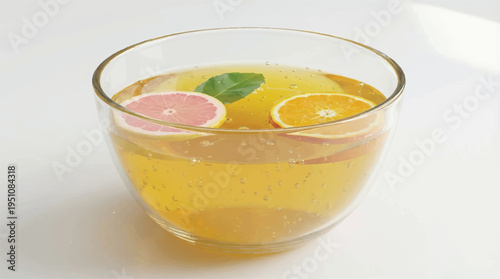 glass of bubbly orange juice with grapefruit slices and a green leaf