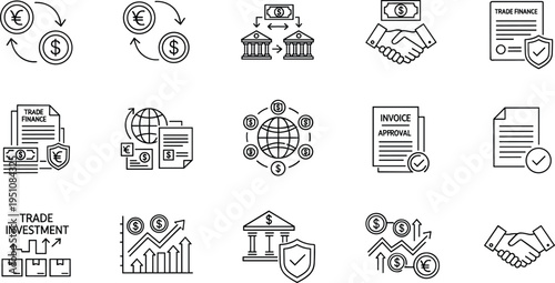 International trade finance and business agreement line icon set featuring currency exchange banking partnership investment growth invoice approval and global commerce