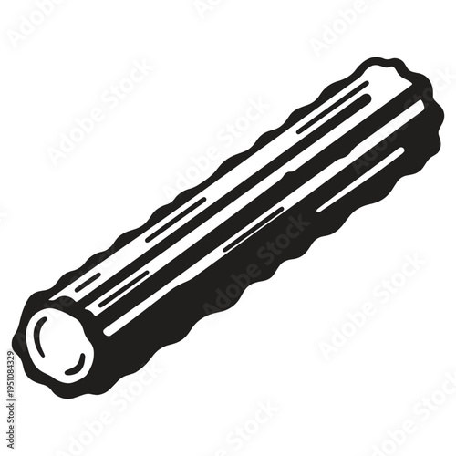 Stylized black and white illustration of a long cylindrical food item with ridges and a textured surface possibly a churro or a similar baked good isolated on a white background
