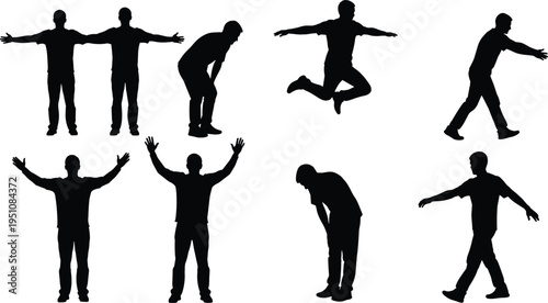 Black silhouettes of nine human figures in various standing, walking, jumping, bending, and stretching poses, arranged in rows, perfect for animation, gesture recognition, and design projects.