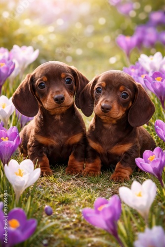 Two adorable chocolate dachshund puppies sit on green grass surrounded by blooming crocuses in soft spring light
