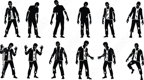 Black silhouettes of twelve zombies in varied walking and standing poses with hunched postures, ragged clothing, and extended arms, arranged in rows, perfect for horror and Halloween design projects.