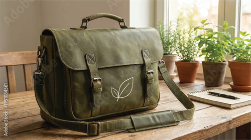 green leather messenger bag on wooden table with potted plants  office accessories