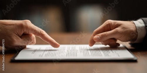 Two hands pointing at a contract on a table conveying negotiation and agreement during a business meeting setting with focus on collaboration and decision making. Generative AI