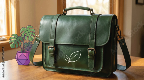 Green leather messenger bag with white leaf logo on wooden table next to potted plant