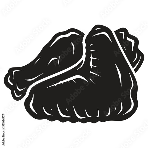 Stylized black ink illustration of two raw chicken wings presented side by side with a simple graphic rendering against a white backdrop symbolizing food preparation or uncooked poultry ingredients