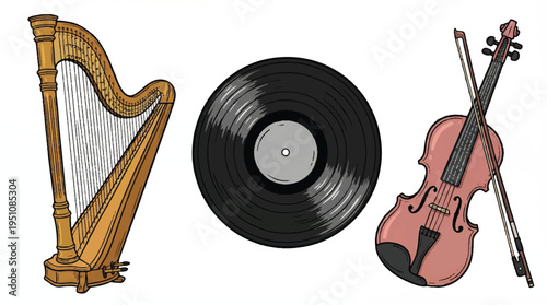 Harp vinyl record and violin musical instruments on white background