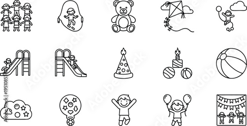 Kids playground and childhood activity line icons set with slides, toys, balloons, kite, party hat and children playing outline vector collection