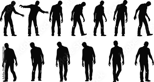 Silhouettes of thirteen human figures in progressive walking and standing poses, showing transformation from zombie‑like posture to upright stance, perfect for animation and design projects.