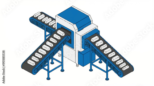 Industrial conveyor belt system with boxes and machinery