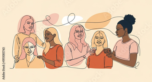 Diverse group of women connected by thread illustration.