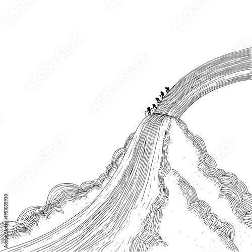 Group of people standing together on mountain peak with flowing fabric or smoke in black and white illustration