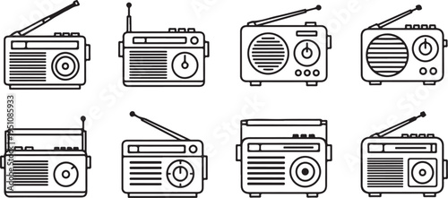 A collection of vintage portable radios displayed in a grid format Vector