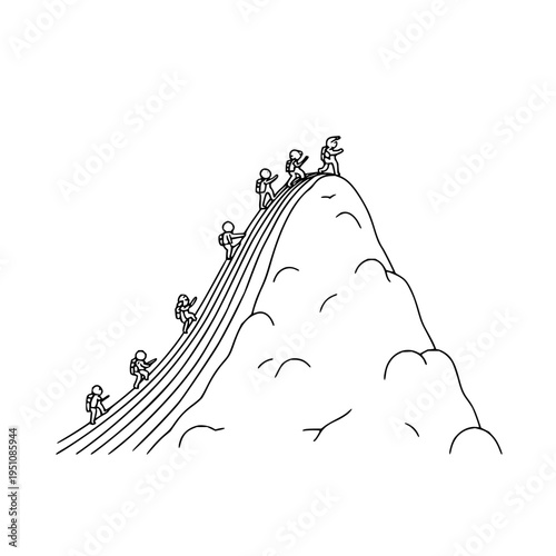 Group of people climbing stairs to the top of a mountain achieving success together black and white illustration simple line art white background motivational concept
