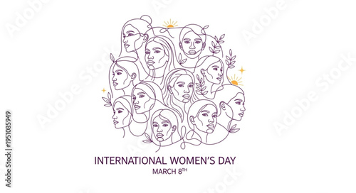 International Womens Day March illustration of diverse women faces.