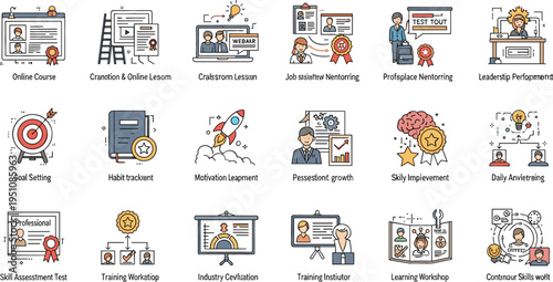 Online education and career development icon set featuring course certification goal setting professional mentoring productivity growth training workshop and creative learning concepts