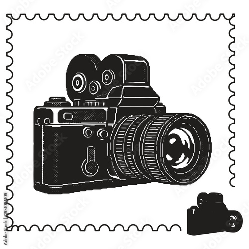 Vintage film camera illustration captured within a decorative postage stamp border showcasing a detailed and artistic representation of analog movie making equipment with a small silhouette cameo