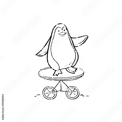 Smiling penguin standing on a spinning turntable with wheels illustration in black and white