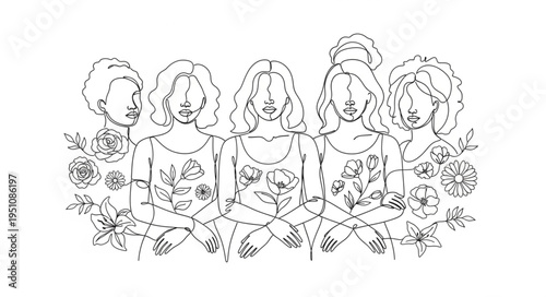 Group of women depicted with delicate floral elements and chain details.