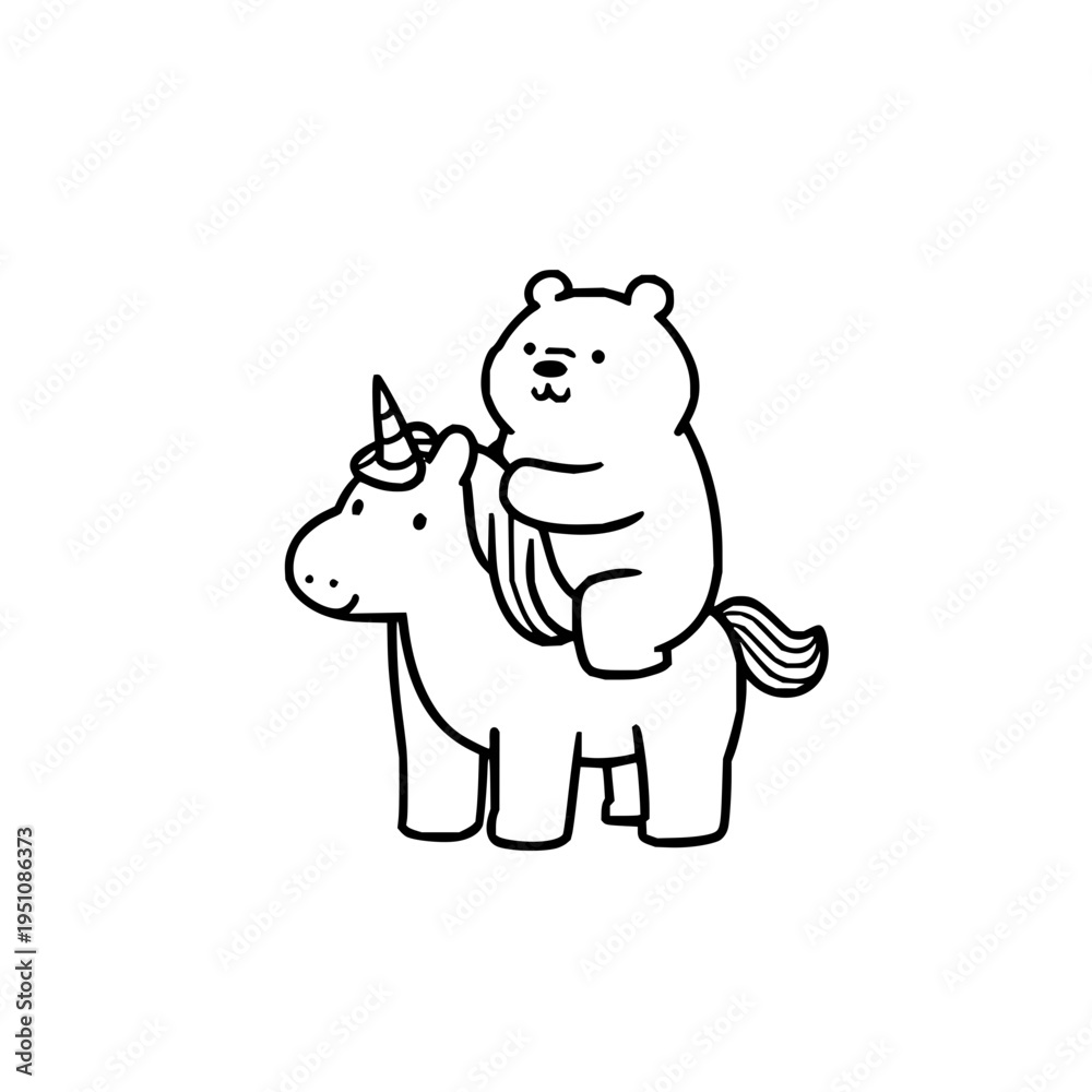 Fototapeta premium A cute cartoon bear riding a unicorn with a happy expression on a white background