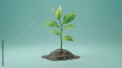 low poly plant growing from brown soil on green background