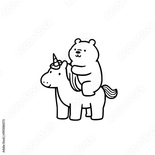 A cute cartoon bear riding a unicorn with a happy expression on a white background