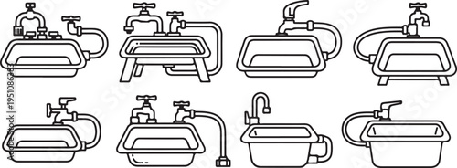 Various styles of sinks and faucets with different designs and configurations. Vector