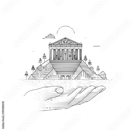 Ancient temple on a hill with a hand holding a stone symbolizing protection and preservation of cultural heritage sites and historical buildings