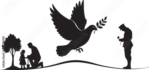 Dove of peace vector illustration silhouette with olive branch and family planting tree