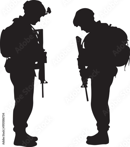 Soldiers standing in respect vector illustration silhouette with military gear and packs