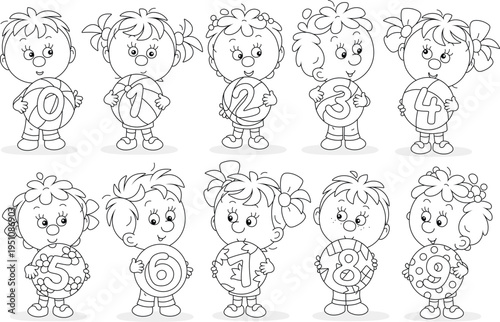 Happy little schoolboys and schoolgirls friendly smiling and holding number balls, black and white cartoon illustration for an educational preschool coloring book