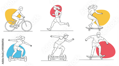 People engaging in various sports and activities  cycling running skateboarding hoverboarding