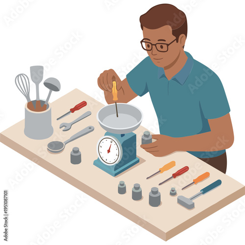 Man carefully measures ingredients on a scale in a workshop setting