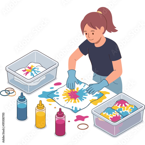 A woman wearing gloves is dyeing a colorful shirt in a tub at home.