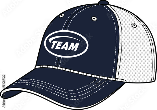 Baseball cap illustration with team logo design, sporty snapback hat vector, modern casual headwear accessory isolated on white background for fashion branding
