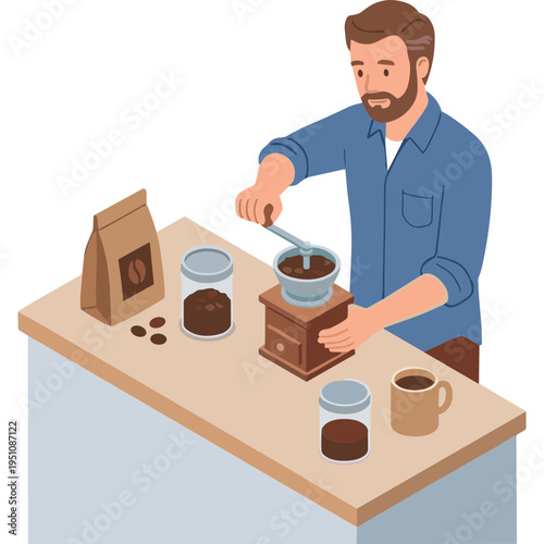 Man grinding coffee beans on a table with a grinder and cups