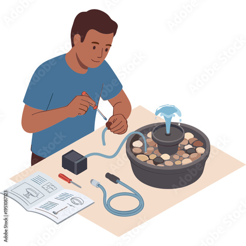 Man working on DIY fountain project with tools and instructions