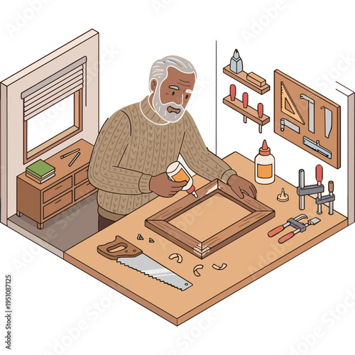 An elderly man is engaged in woodworking at a cluttered workshop table.