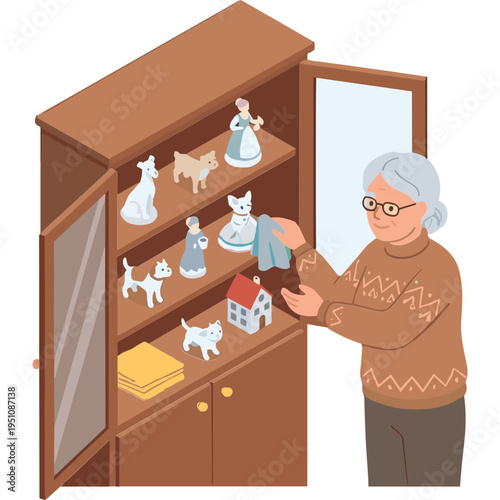 An elderly woman opens a cabinet to reveal various figurines and collectibles.