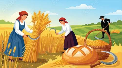 People harvesting wheat in a field with a basket and bread