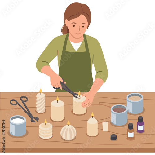 A woman cuts a candle wick on a wooden table with various candles and tools.