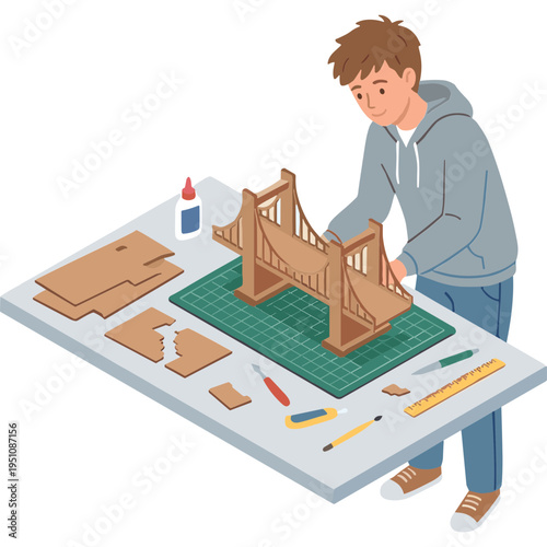 A man builds a wooden bridge model on a table with tools and materials.
