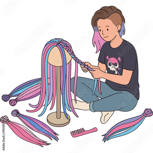 A woman braids colorful hair extensions on a mannequin head indoors.