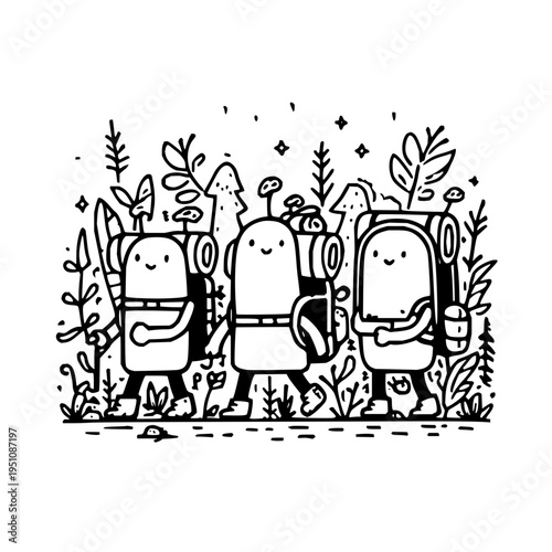 Three cartoon robots hiking with backpacks in a forest smiling and carrying tools surrounded by plants and foliage black and white illustration