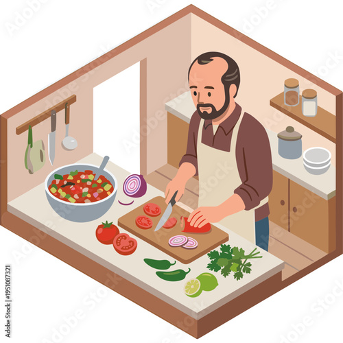 Man preparing food on kitchen counter with vegetables and cutting board indoors