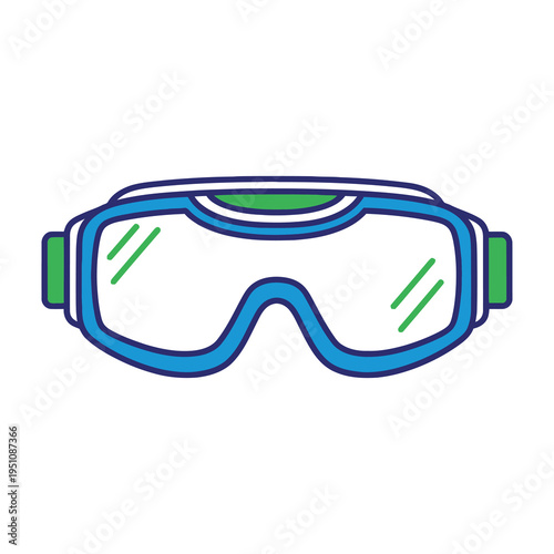 Blue and green swim goggles on white background for diving or water sports