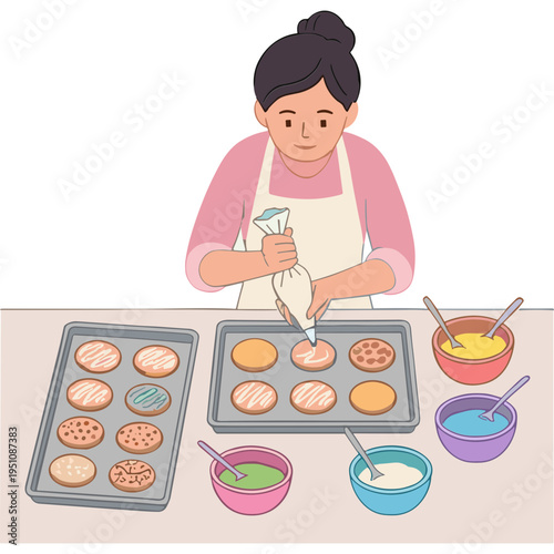 Woman decorating cookies on a baking sheet with colorful icing and toppings in kitchen